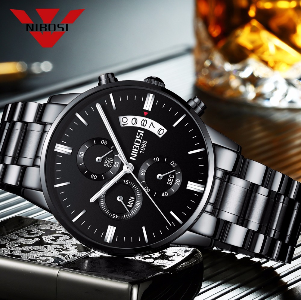Smartwatch Watches For Men Brands - NIBOSI paslanmaz çelik siyah Quartz saat
